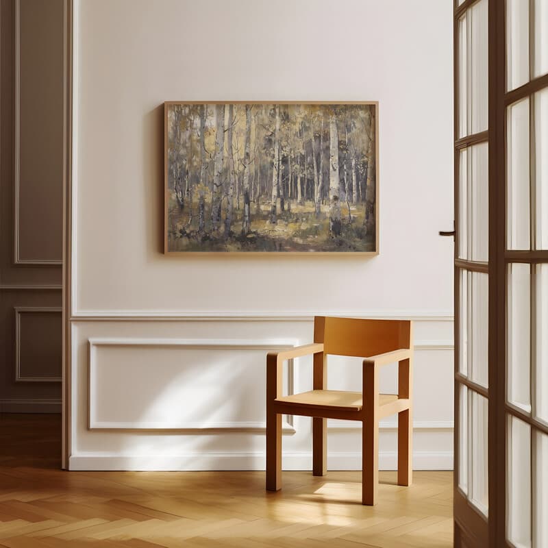 Room view with a full frame of An impressionist oil painting, an aspen forest