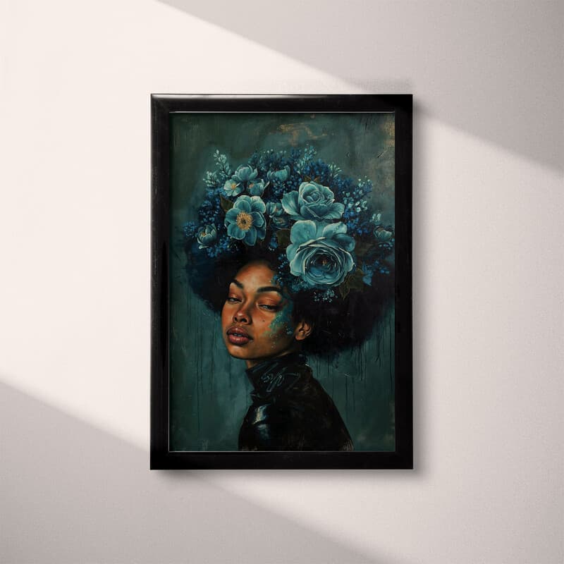 Full frame view of An afrofuturism oil painting, portrait of a woman with blue floral hair