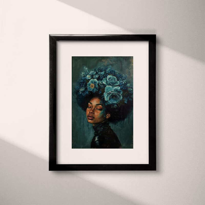 Matted frame view of An afrofuturism oil painting, portrait of a woman with blue floral hair