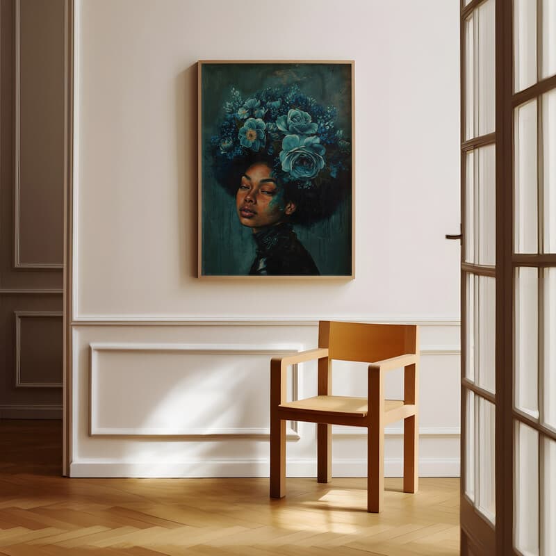 Room view with a full frame of An afrofuturism oil painting, portrait of a woman with blue floral hair