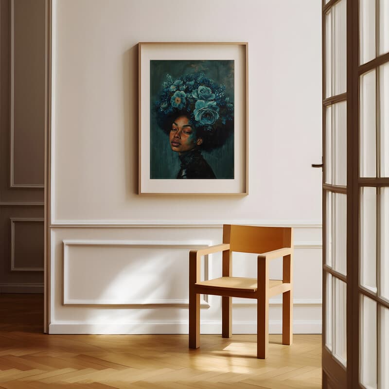 Room view with a matted frame of An afrofuturism oil painting, portrait of a woman with blue floral hair