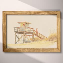 Lifeguard Station Digital Download | Beach Wall Decor | Coastal Decor | White, Gray, Brown, Orange and Black Print | Vintage Wall Art | Living Room Art | Housewarming Digital Download | Summer Wall Decor | Pastel Pencil Illustration