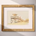 Matted frame view of A vintage pastel pencil illustration, a lifeguard station