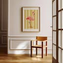 Room view with a matted frame of A cute simple illustration with simple shapes, a flamingo