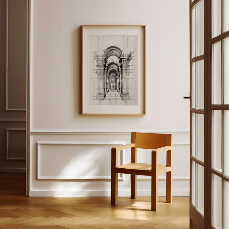 Room view with a matted frame of A vintage pencil sketch, front view of masonry