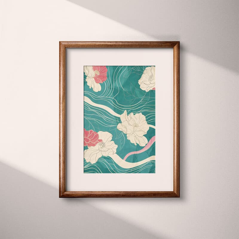 Matted frame view of A japandi textile print, floral pattern