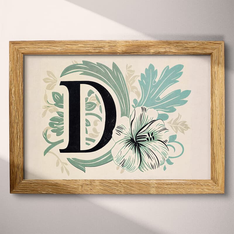 Full frame view of A vintage linocut print, the letter "D" with a flower