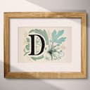 Matted frame view of A vintage linocut print, the letter "D" with a flower