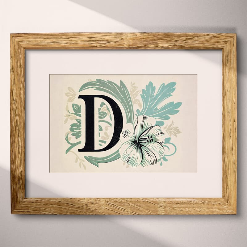 Matted frame view of A vintage linocut print, the letter "D" with a flower