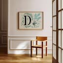 Room view with a full frame of A vintage linocut print, the letter "D" with a flower