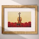 Matted frame view of A minimalist pastel pencil illustration, a violin on a bed of red roses