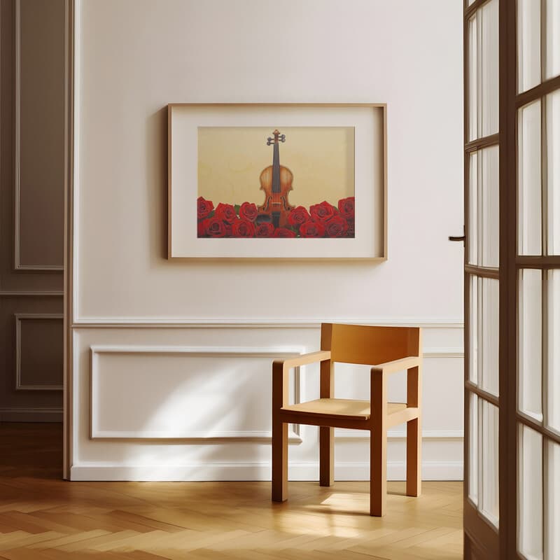 Room view with a matted frame of A minimalist pastel pencil illustration, a violin on a bed of red roses