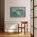 Room view with a full frame of An impressionist oil painting, an island, top-down view