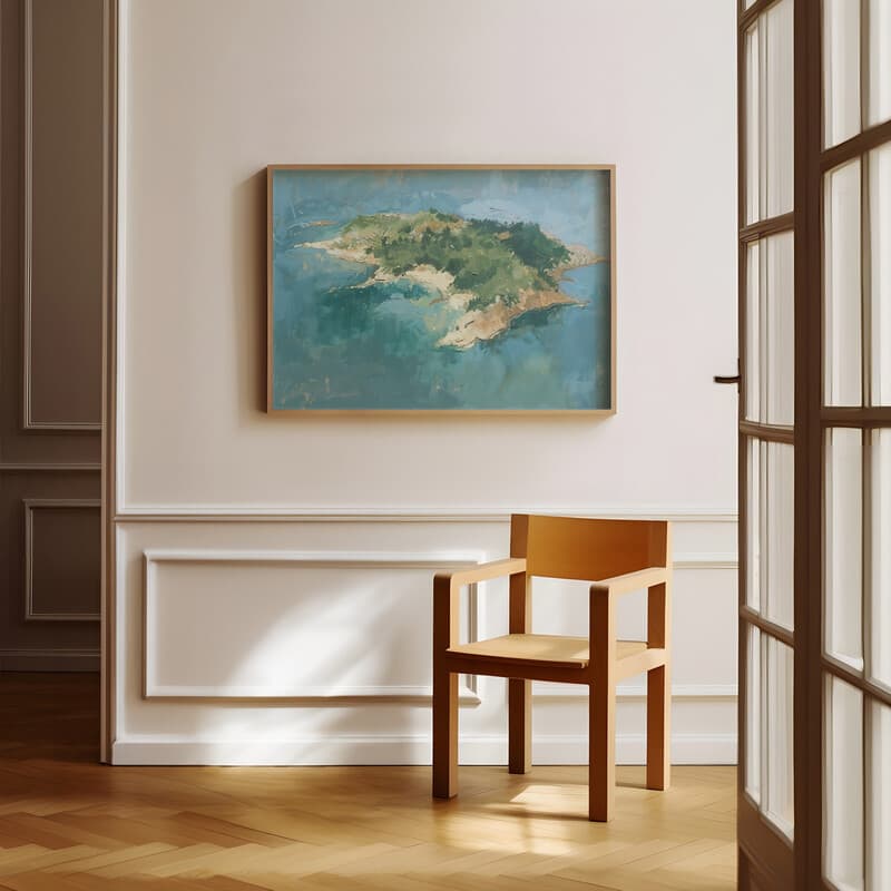 Room view with a full frame of An impressionist oil painting, an island, top-down view