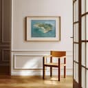 Room view with a matted frame of An impressionist oil painting, an island, top-down view