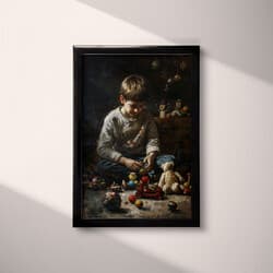 Boy Toys Art | Children Wall Art | Portrait Print | Black, Brown, Gray, Beige and Yellow Decor | Vintage Wall Decor | Kids Digital Download | Back To School Art | Autumn Wall Art | Oil Painting