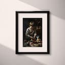 Matted frame view of A vintage oil painting, a boy playing with toys