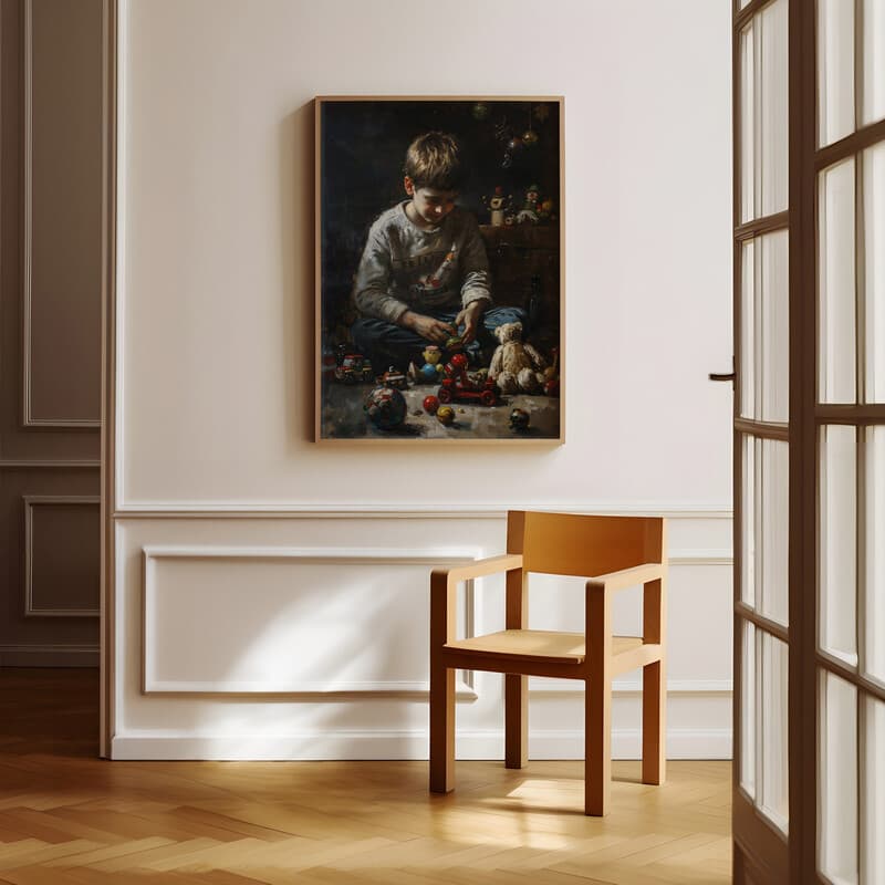 Room view with a full frame of A vintage oil painting, a boy playing with toys