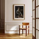 Room view with a matted frame of A vintage oil painting, a boy playing with toys