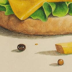 Cheeseburger Art | Food Wall Art | Food & Drink Print | Beige, Orange and Brown Decor | Chibi Wall Decor | Kitchen & Dining Digital Download | Back To School Art | Summer Wall Art | Colored Pencil Illustration