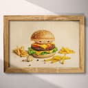 Full frame view of A cute chibi anime colored pencil illustration, a cheeseburger and fries