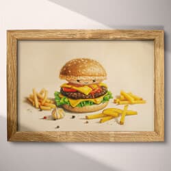 Cheeseburger Art | Food Wall Art | Food & Drink Print | Beige, Orange and Brown Decor | Chibi Wall Decor | Kitchen & Dining Digital Download | Back To School Art | Summer Wall Art | Colored Pencil Illustration