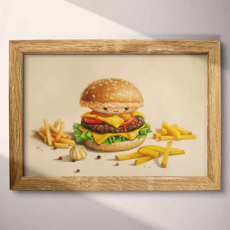 Full frame view of A cute chibi anime colored pencil illustration, a cheeseburger and fries