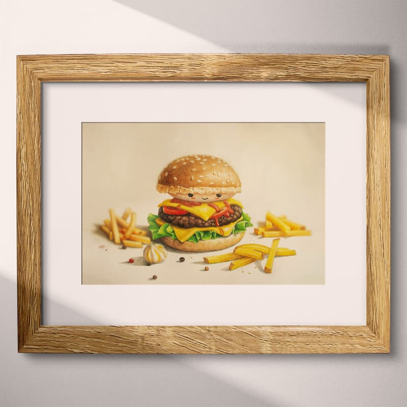 Matted frame view of A cute chibi anime colored pencil illustration, a cheeseburger and fries