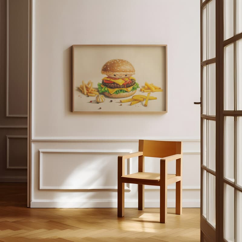 Room view with a full frame of A cute chibi anime colored pencil illustration, a cheeseburger and fries