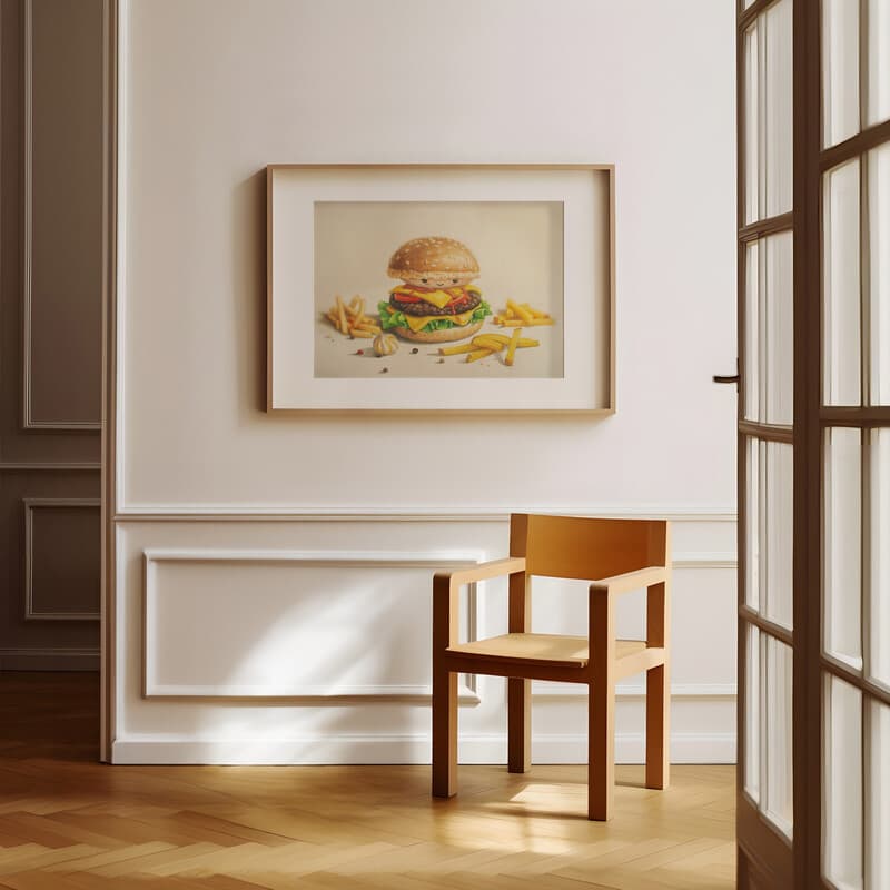 Room view with a matted frame of A cute chibi anime colored pencil illustration, a cheeseburger and fries