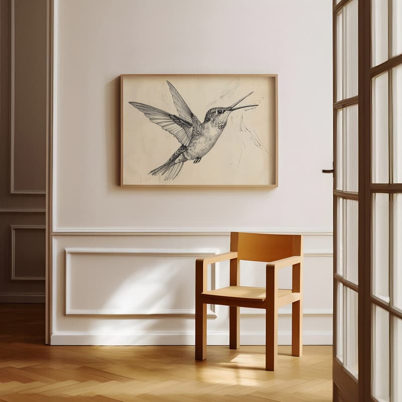 Room view with a full frame of A vintage charcoal sketch, a hummingbird