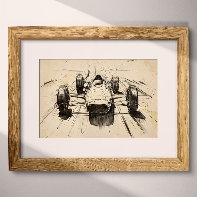 Matted frame view of A vintage graphite sketch, a formula racing car