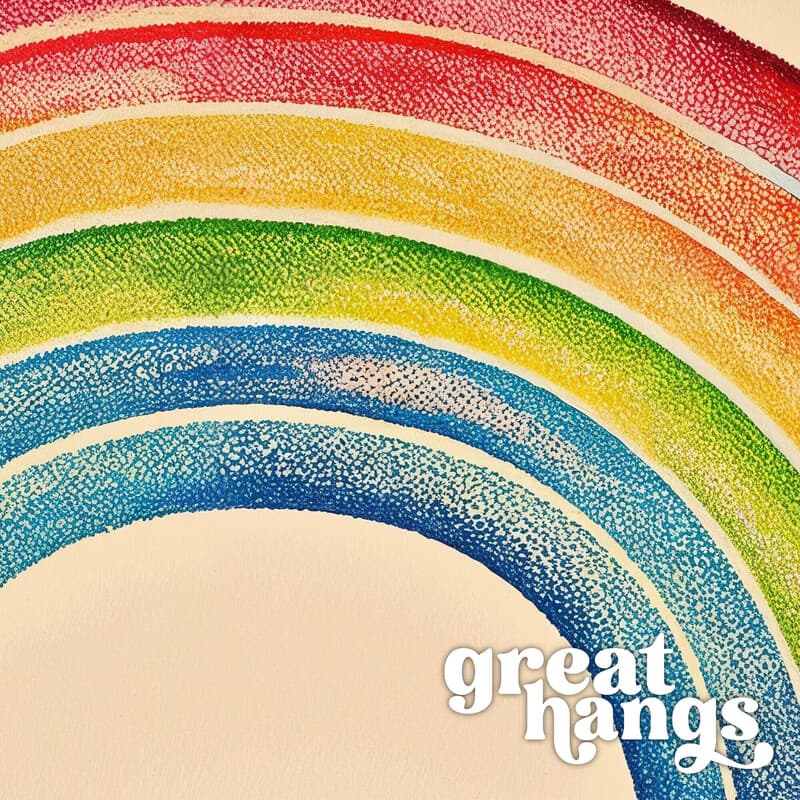 Closeup view of A vintage colored pencil illustration, the word "OUTSTANDING" with a rainbow