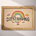 Full frame view of A vintage colored pencil illustration, the word "OUTSTANDING" with a rainbow