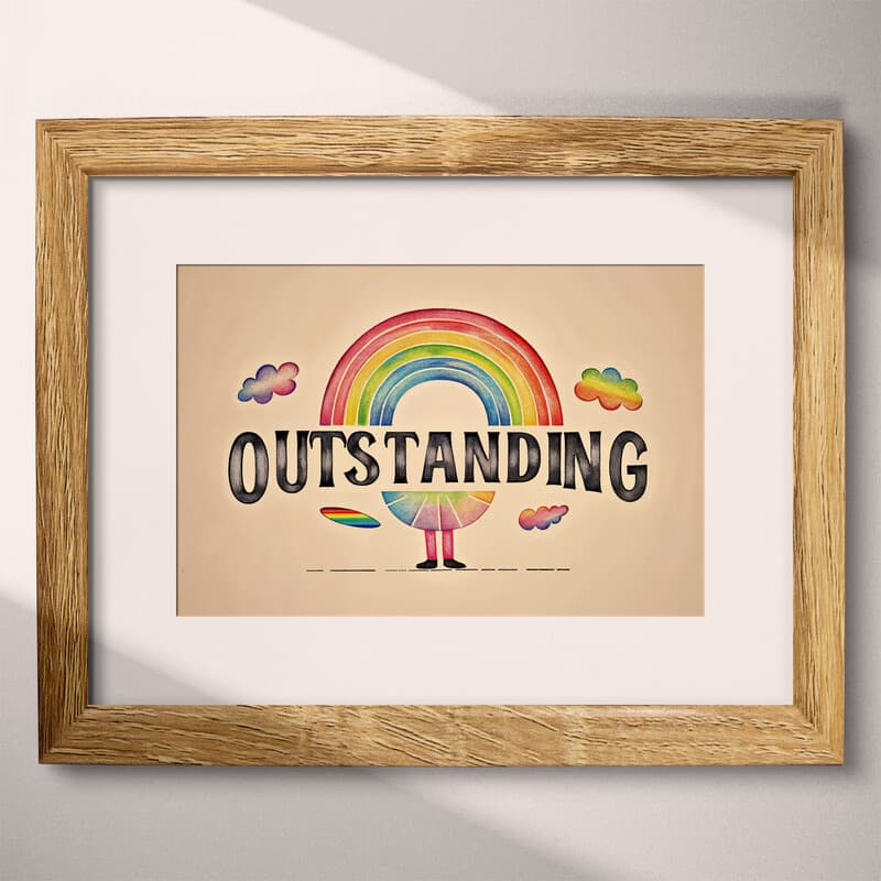 Matted frame view of A vintage colored pencil illustration, the word "OUTSTANDING" with a rainbow