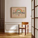 Room view with a full frame of A vintage colored pencil illustration, the word "OUTSTANDING" with a rainbow