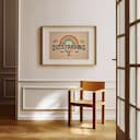 Room view with a matted frame of A vintage colored pencil illustration, the word "OUTSTANDING" with a rainbow