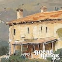 Closeup view of A vintage oil painting, a european villa, hills, gray sky