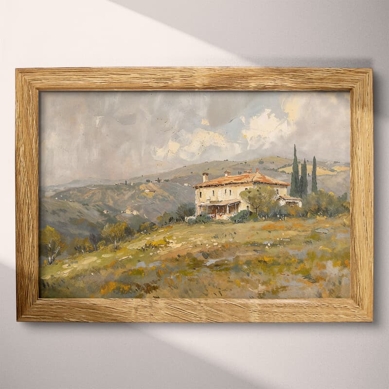 Full frame view of A vintage oil painting, a european villa, hills, gray sky