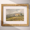 Matted frame view of A vintage oil painting, a european villa, hills, gray sky