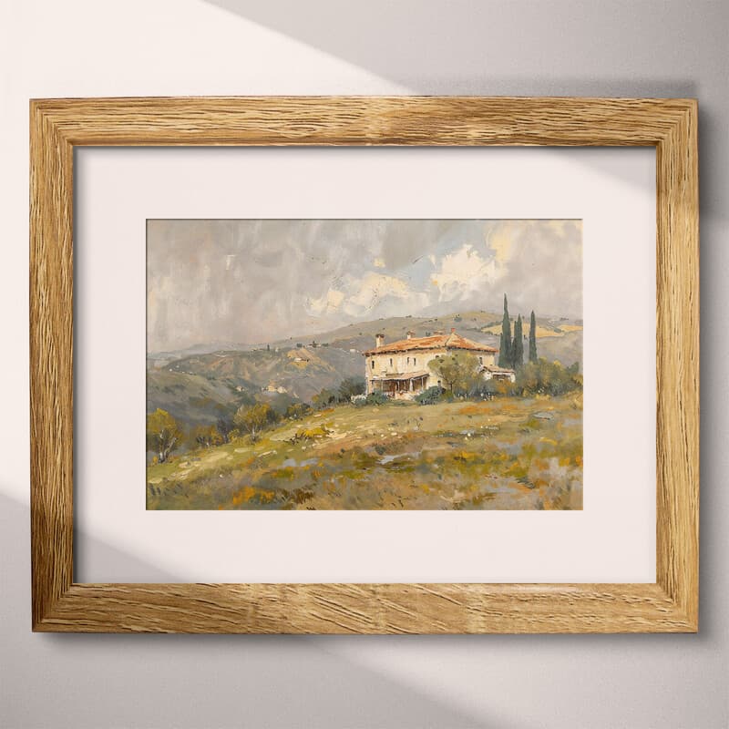 Matted frame view of A vintage oil painting, a european villa, hills, gray sky