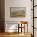 Room view with a full frame of A vintage oil painting, a european villa, hills, gray sky