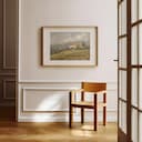 Room view with a matted frame of A vintage oil painting, a european villa, hills, gray sky