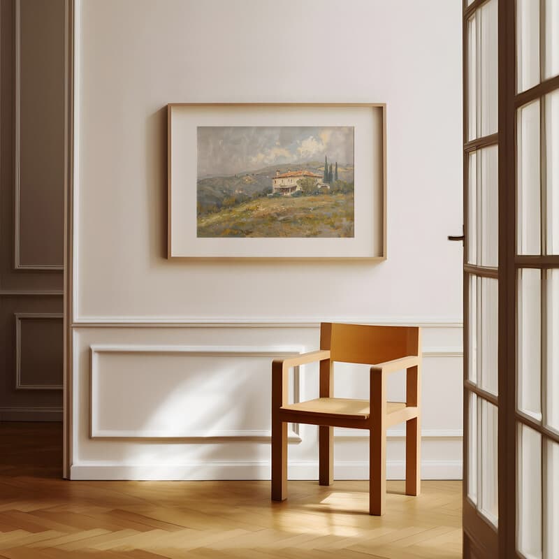 Room view with a matted frame of A vintage oil painting, a european villa, hills, gray sky