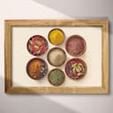 Full frame view of A chicano art pastel pencil illustration, bowls of different colored spices, top down view