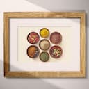 Matted frame view of A chicano art pastel pencil illustration, bowls of different colored spices, top down view