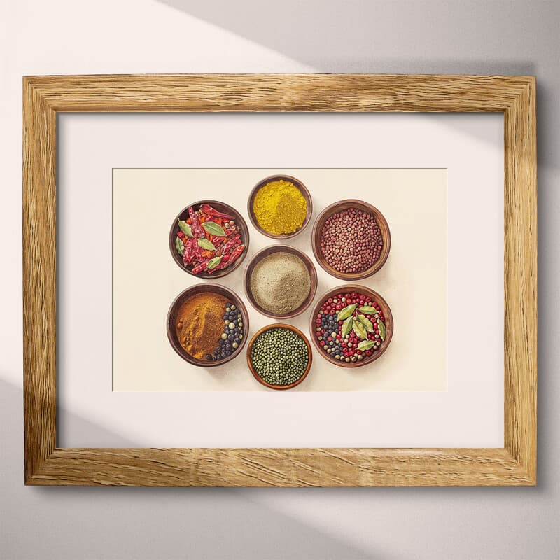 Matted frame view of A chicano art pastel pencil illustration, bowls of different colored spices, top down view