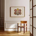 Room view with a matted frame of A chicano art pastel pencil illustration, bowls of different colored spices, top down view