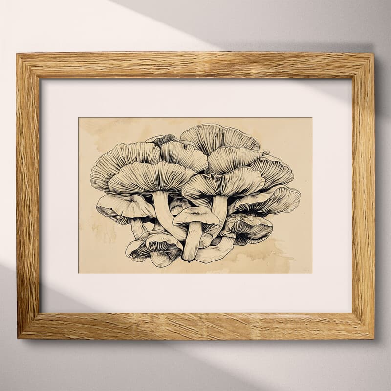 Matted frame view of A farmhouse ink sketch, a cluster of mushrooms