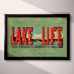 Lake Life Digital Download | Nature Wall Decor | Landscapes Decor | Green, Red, Black, Beige and Orange Print | Vintage Wall Art | Living Room Art | Housewarming Digital Download | Father's Day Wall Decor | Summer Decor | Linocut Print